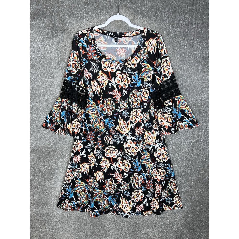 Relativity Scoop Neck Bell Sleeve Dress Womens Size 1X Black Floral Stretch